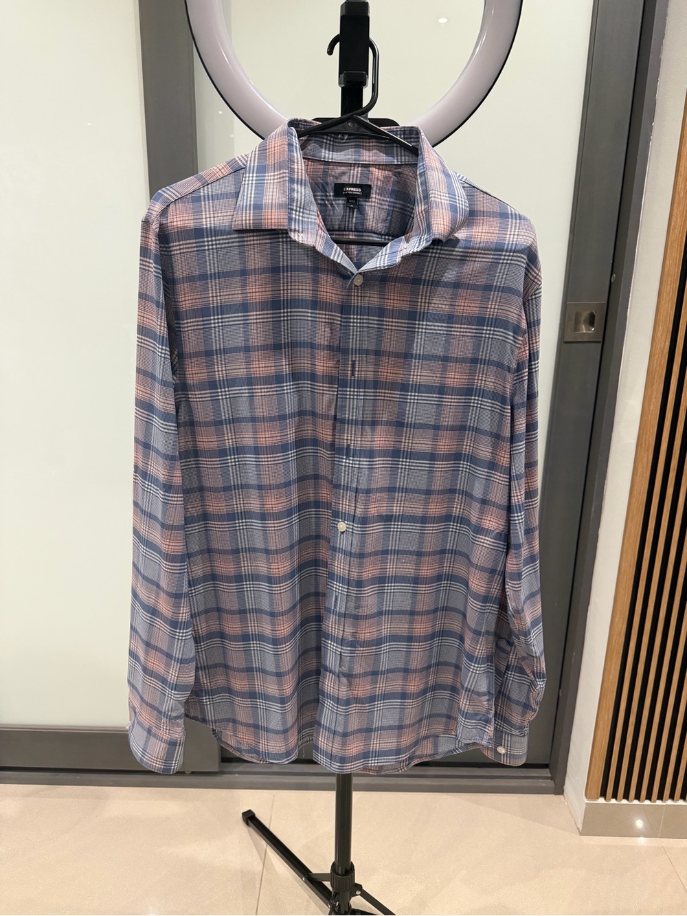Express Men's Slim Performance Plaid Button Up Shirt Blue Pink M